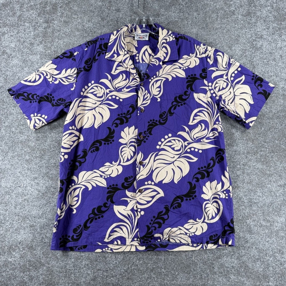 Pacific Legend Hawaiian Button Up Shirt Mens Purple Floral Leaf Boho Outdoor